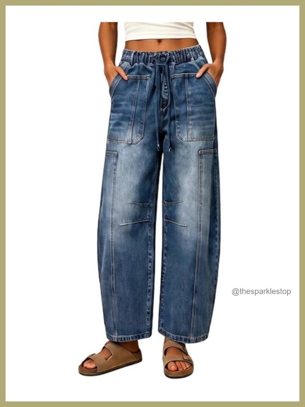 Barrel Jeans Women Elastic Waist Drawstring Baggy Denim Pants Wide Leg
